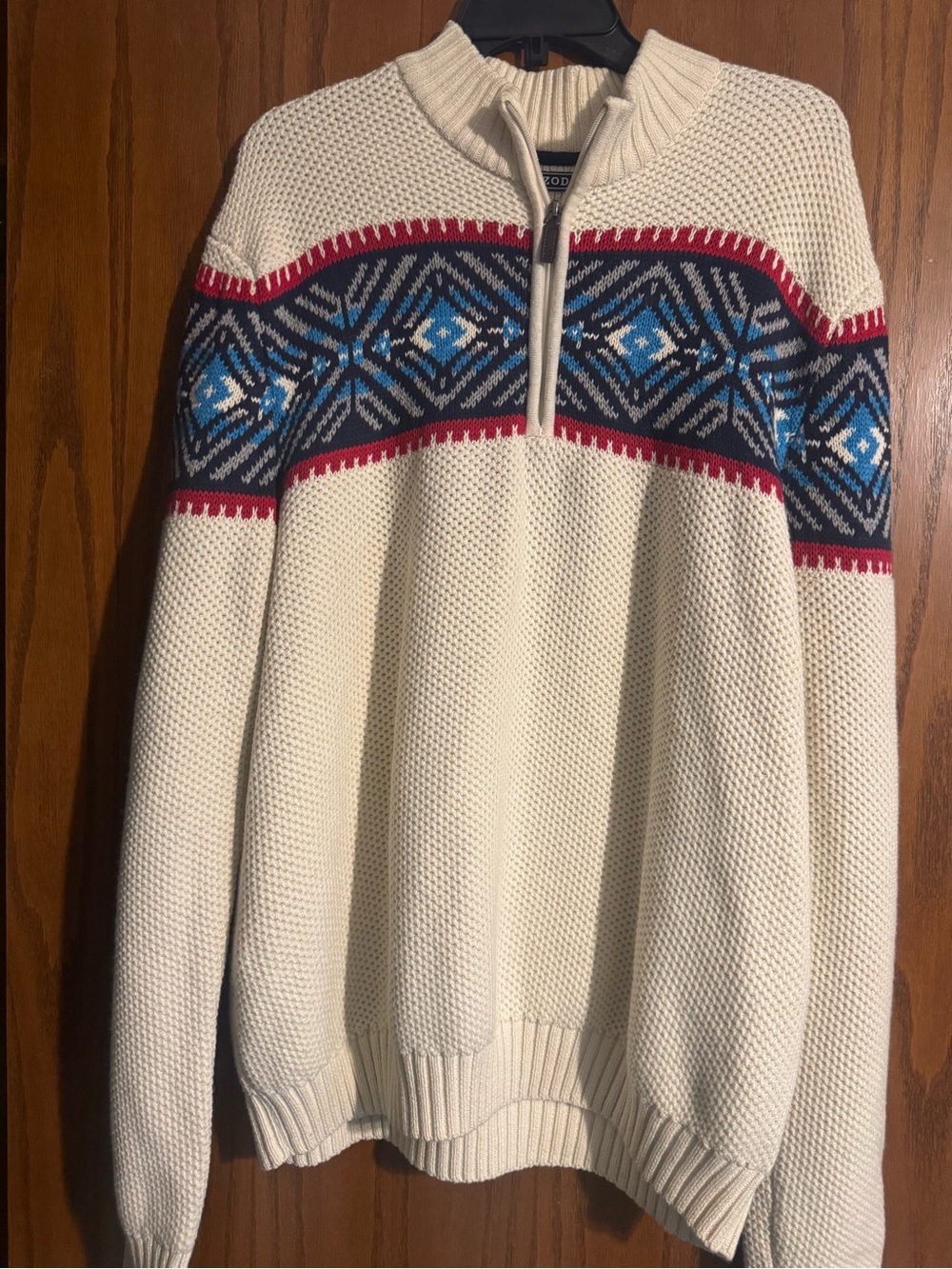 Izod Cream Half-Zip Sweater with Blue and Red Nordic Stripe